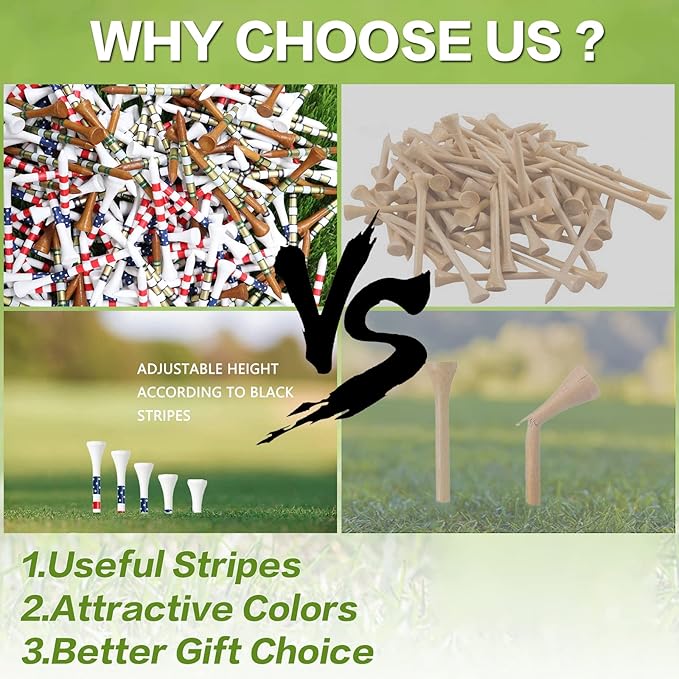 Stylish USA Flag Golf Tees Wood 1 1/2" 2 1/8" 2 3/4" 3 1/4" Value 500/1000 Pack, Durable Long Short Tees with Stripes for Consistent Height