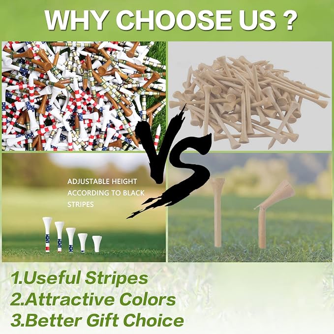 Stylish USA Flag Golf Tees Wood 1 1/2" 2 1/8" 2 3/4" 3 1/4" Value 500/1000 Pack, Durable Long Short Tees with Stripes for Consistent Height