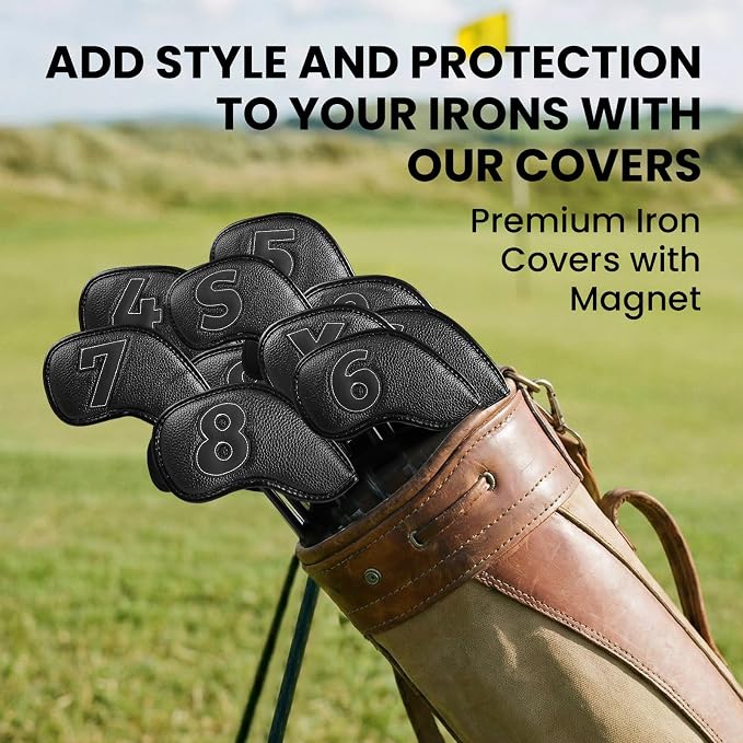 Strong Magnetic Golf Iron & Wedge Headcovers Value 10 Pack, Black Durable PU Leather with Embroidered Numbers for Easy Identify, Premium Covers with Effective Protection for Club