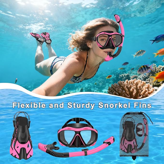 Snorkeling Gear for Adults, Mask Fin Snorkel Set, Dry Top Snorkel Mask, Panoramic View Anti-Leak Anti-Fog 3 in 1 Snorkeling Kit Travel Diving Package with Storage Bag