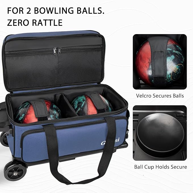 Goloni Double Roller 2 Ball Bowling Bag with Separate Shoe Compartment,2 Ball Bowling Bag with Wheels,Retractable Handle Extends to 40"
