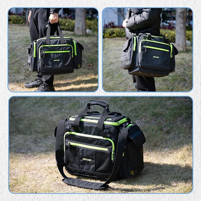 Goture Large Tackle Bag,600D Water Resistant Saltwater Fishing Gear Bag with IPX5 EVA Bottom,SBS Zippers,Store Up to 6PCS 3700 Plus 3PCS 3600 Tackle Trays(Not Included),Fishing Gifts for Men-Black