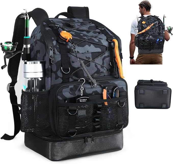 Fishing Backpack with 4 Tackle Boxes, Heavy Duty Fishing Bag with Waterproof Bottom, Tackle Backpack Gifts for Man Woman-Camo Black
