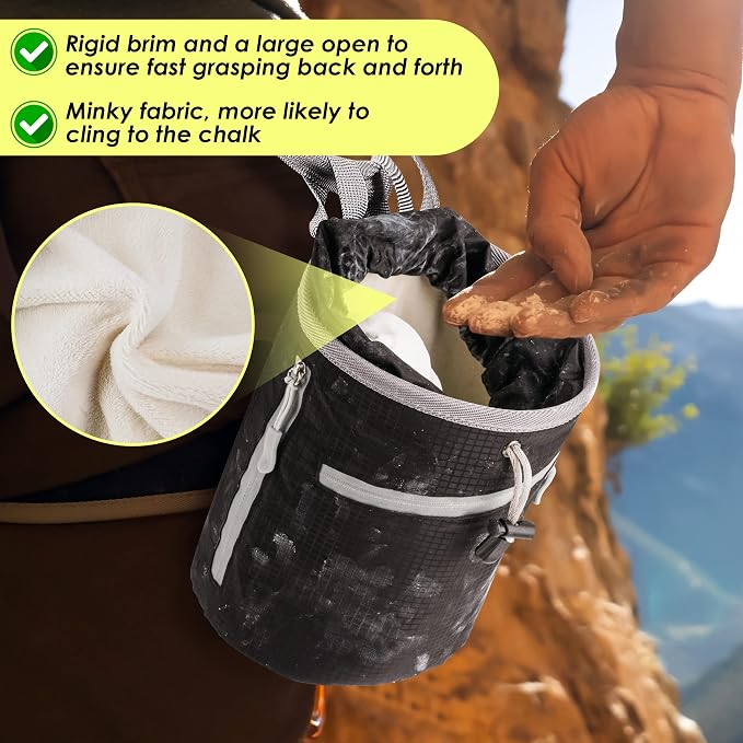 Chalk Bag for Rock Climbing, Bouldering Bag Bucket, 2 Waterproof Zipper for Gymnastics, Cross Fit, and Lifting (Large)