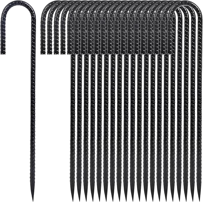 Homwin 12 Inch Heavy Duty Rebar Stakes, 20-Pack Galvanized Steel J Hook Tent Stakes for Outdoor Decorations, Inflatables, Fencing, Gardening, Gazebo and Swing Set Anchors