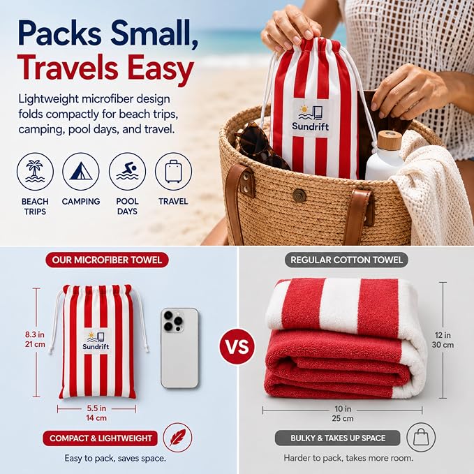 Oversized Microfiber Beach Towel 71x36 Inch, Quick Dry Sand Free Travel Towel, Lightweight Sueded Beach Blanket for Pool, Camping, Yoga & Beach Trips (Red/White)