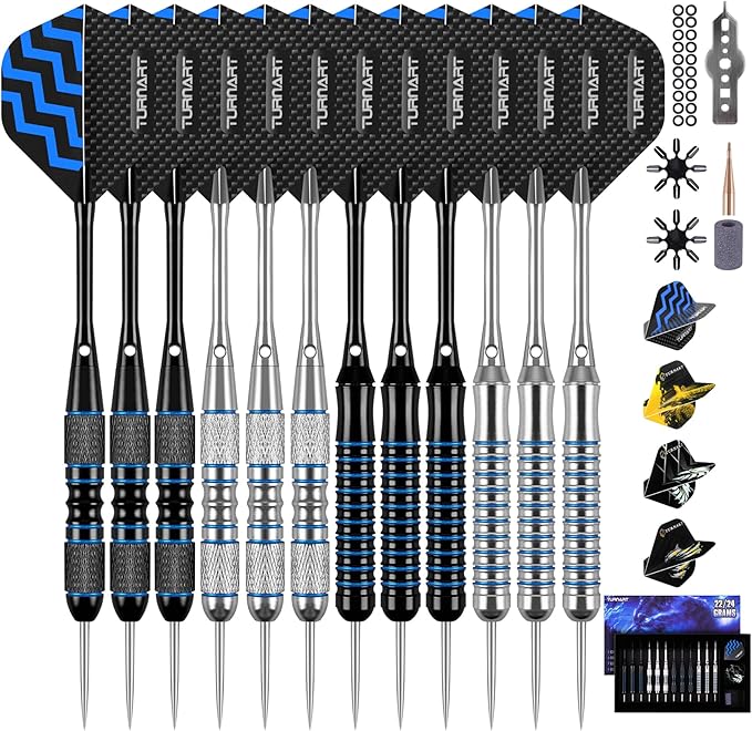 Turnart Darts Metal Tip Set - Steel Tip Darts Darts Set Professional Metal Darts 12 pcs 22/24 Grams Pro Dart Set with Stylish Case Aluminum Shafts Extra 9 Flights
