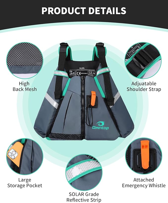 Owntop Adult Swim Vest - Adjustable Safety Strap & Premium Buoyancy for Paddle Sports, Kayaking, Canoeing, Boating