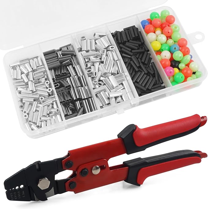 Fishing Crimping Tool Kit Fishing Crimping Pliers Stainless Steel Wire Crimping Tool with 500pcs Crimp Sleeves Set, 4 Size Crimp Sleeves Fishing Tackle Pliers