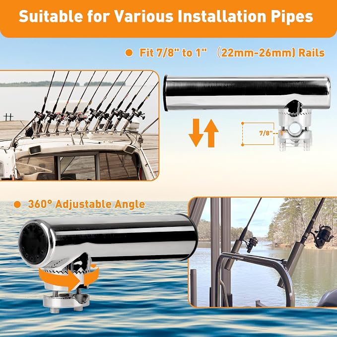 2 Pack Fishing Rod Holders for Boat Rail Mount, Stainless Steel Clamp on Rod Holder for Marine Boat, Fishing Boat, Pontoon, Jon Boat
