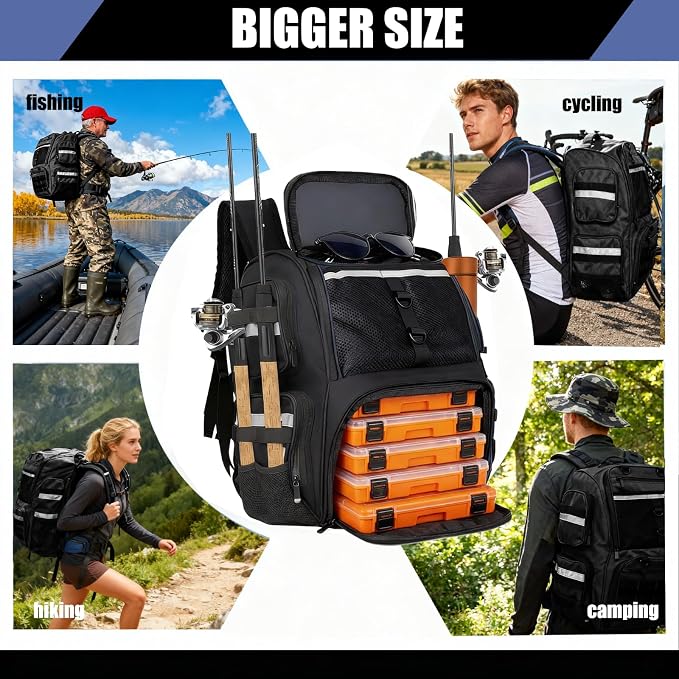 45L Fishing Tackle Backpack with Rod Holders, Waterproof Large Fishing Back Pack Storage Bags & Wraps Gear And Equipment for Men for Camping Hiking, Bottle Holder