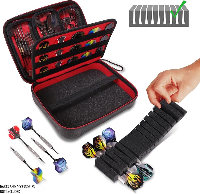 USA Gear XL Semi Hard Shell Dart Case - Protective Case for 15 Piece Dart Set, Tips, Flights and Shafts, and more Accessories - Locking Foam Design for Soft and Steel Tips - Storage Only