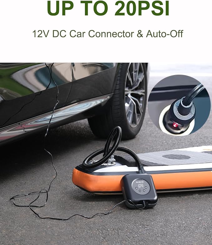dwndpump Paddle Board Pump Electric Portable, Rechargeable 20 PSI High Pressure, Dual-Stage Inflation, Auto-Off & 12V DC, for Kayaks, Mattress, Kite Wings, Tents