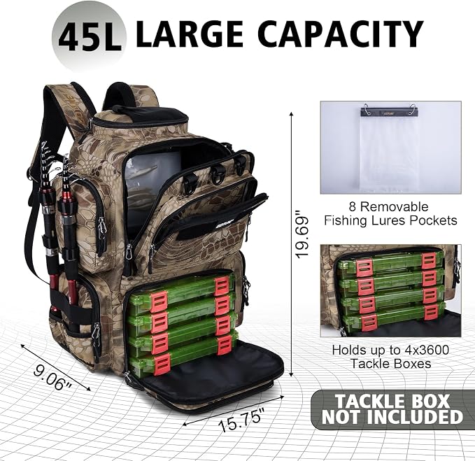 Goture Fishing Backpack,900D Water-Resistant Tackle Backpack with Rod Holders, SBS Zippers,45L Large Fishing Bag Storage Gear Tackle Bag with Rain Cover, Bottle Holder for Travel Camping Hiking