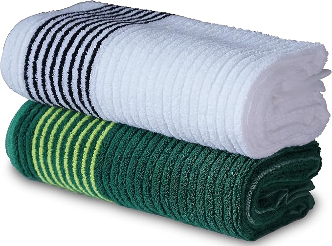 Handy Picks Caddie Golf Towel, Extra Large 44” x 22” Caddy Towel for Tour Professionals, Selected Soft Cotton, Absorbent with Professional Edge Finishing (White/Green, Pack of 2)