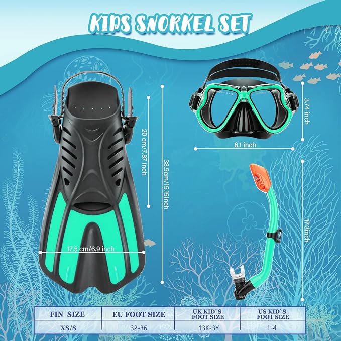 Snorkeling Gear for Kids, 4 in 1 Child Mask Fins Snorkel Set with Panoramic View Anti Fog Mask, Dry Top Snorkel, Trek Fins and Travel Bag, Kids Snorkeling Set with Fins for Snorkeling Swimming