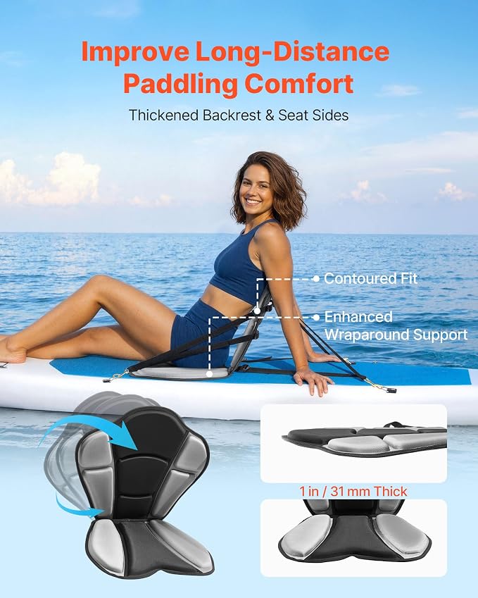 VEVOR Kayak Seat, Universal Paddle Board Seat with Adjustable Back Support, Multiple Thickness Options (0.5” to 2.6”), Soft Padded Cushion & Storage Bag for SUP, Canoe, Fishing Boat, Inflatable Kayak
