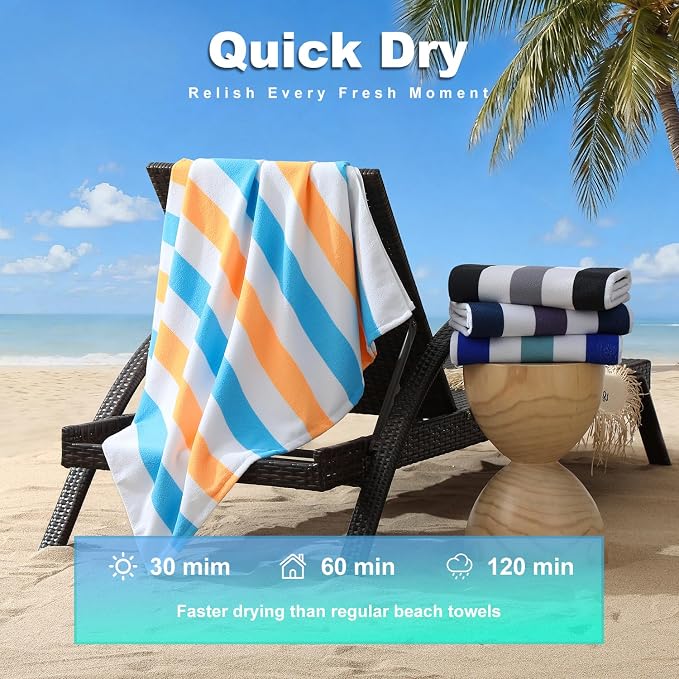 Jessy Home 4 Pack Striped Oversized Beach Towel Set, 40x70 Inch Microfiber Sandproof Quick Dry Super Soft Swim Towels, Absorbent Stylish Pool Towels, Swim Cover Up for Beach Vacation Travel