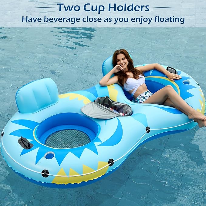 Jasonwell Inflatable River Tube Float - 2 Person Heavy Duty River Float Pool Floats with Removable Cooler Lake Water Tubes for Floating River Raft Lounge Floatie with 2 Cup Holders for Adults (SB)