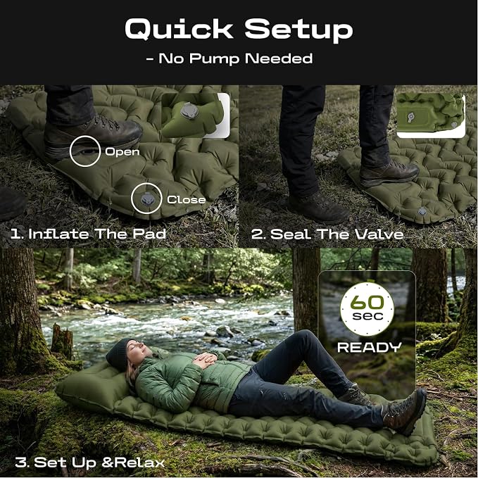 CKG Camping Sleeping Pad with Thermal Barrier, Ultralight Camping Mat 4in Thick with Pillow, Built-in Foot Pump Self Inflating Sleeping Pad for Hiking Tent Road Trip Car Camp Travel Gear, Green