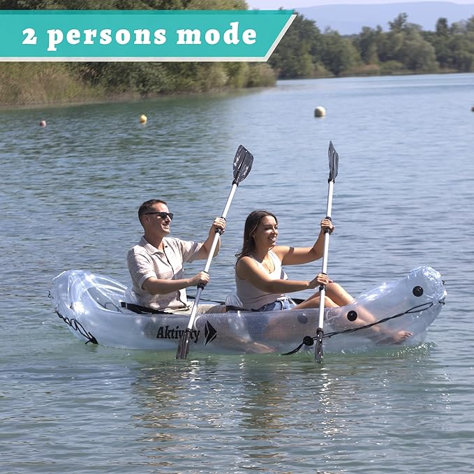 Clear Kayak - Transparent 2-Seater Inflatable Tandem for Two Adults - See-Through Style - Complete Set with Adjustable Seats, Pump, Paddles, Carry Bag & Tracking Fin