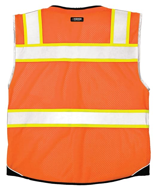 Kishigo Men's High Visibility Reflective Premium Black Series Black Bottom Vest 1516, Zipper Closure, Polyester, ANSI 107 Type R/Class 2, Construction, Utility, Waste Management (Orange, 5X)
