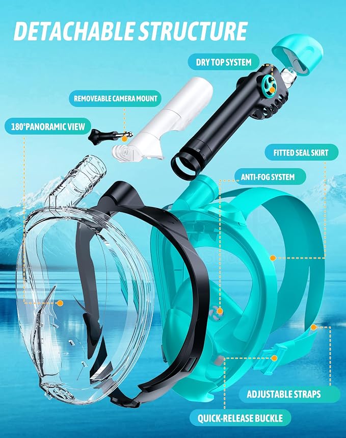 Full Face Snorkel Mask for Adults, 180° Panoramic Anti-Fog Snorkeling Gear with Dry Top System & Camera Mount, Foldable Anti-Leak Design for Travel, Swimming & Ocean Snorkeling