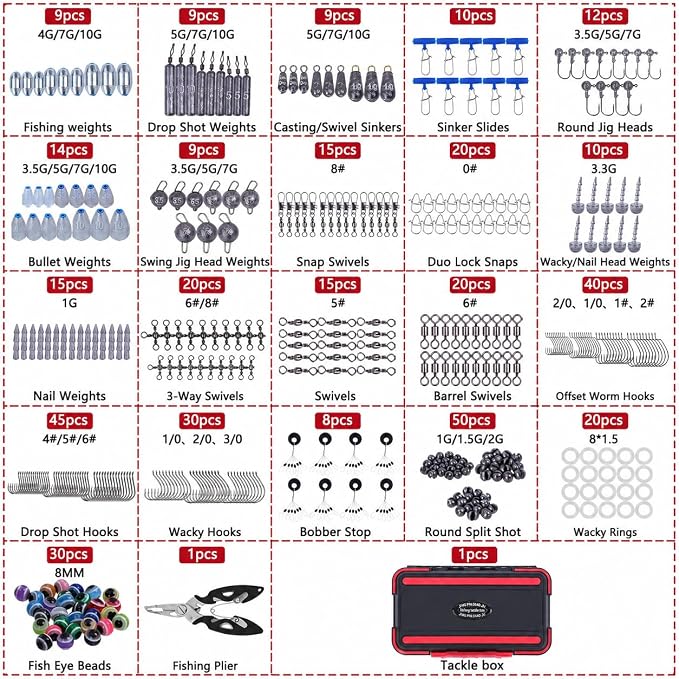 412Pcs Fishing Accessories Kit,Fishing Gift for Men(Red) | Complete Fishing Tackle Kit with Box,Eye Beads,Sinkers&Swivels,Beads& Bobber Stops,Pliers for Freshwater Bass&Trout,