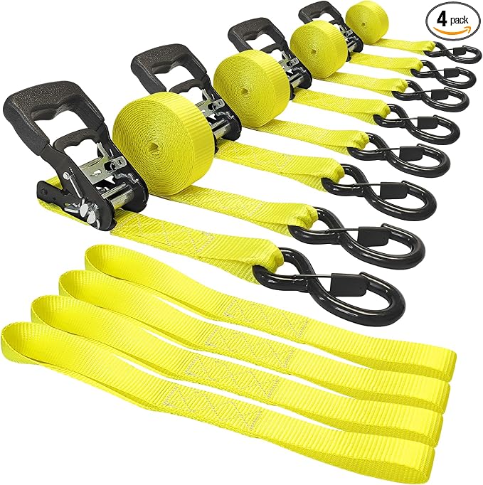 4-Pack 1.5" x15' Ratchet Straps Kit - 5,000lbs Break Strength Heavy Duty Tie Down Straps with Safety S Hooks & Soft Loops for Load Securement Tie-Down in Trucks Trailers ATV UTV Motorcycle