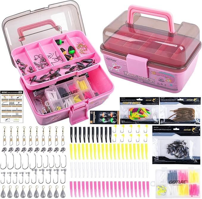 Goture 2-Layer Fishing Tackle Box with Trout Fishing Lures Kit Included, Portable Tackle Organizer with Hooks Sinkers Spinners & Soft Baits, Ideal Fishing Gifts for Men Anglers