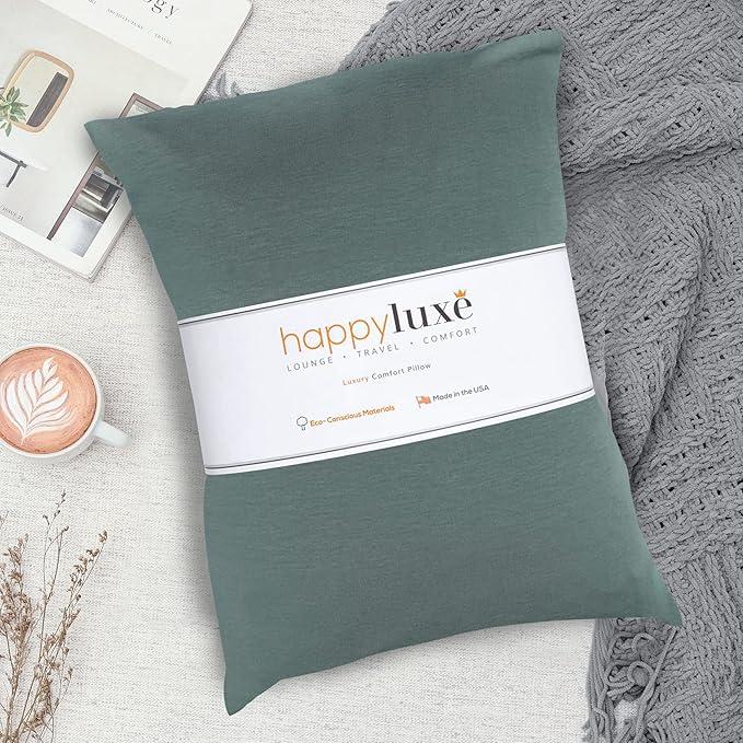 Happyluxe Odyssey Travel Pillow for Long Flights - Soft, Small, Alternative to Down and Memory Foam. 17 x 13in - Made in the USA, Sage Green Airplane Pillow for Adults Sleeping, Camping or Nap