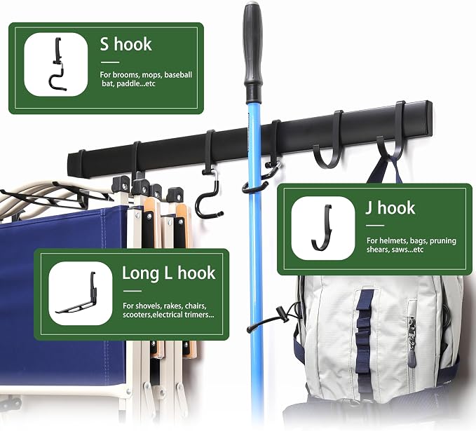Wall-Mounted Rack With 6 Garage Hooks, Heavy-Duty Aerospace-Grade Aluminum Alloy Hooks Garage & Garden Storage for Shed, Workshop, or Home Organization – For Rakes, Shovels, Tools & More