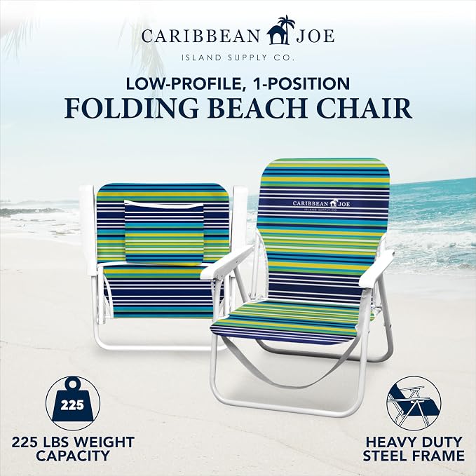 Caribbean Joe Folding Beach Chair, 1 Position Lightweight and Portable Foldable Outdoor Camping Chair with Carry Strap, Blue and Lime Stripe