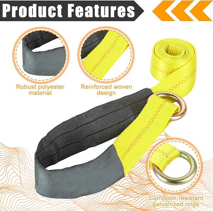 12Pack 2" x 8 Ft Lasso Straps with D Ring, D Ring Straps for Wheel Lift, Wrecker, Rollback, Tow Truck(11, 000 Lbs, Yellow)