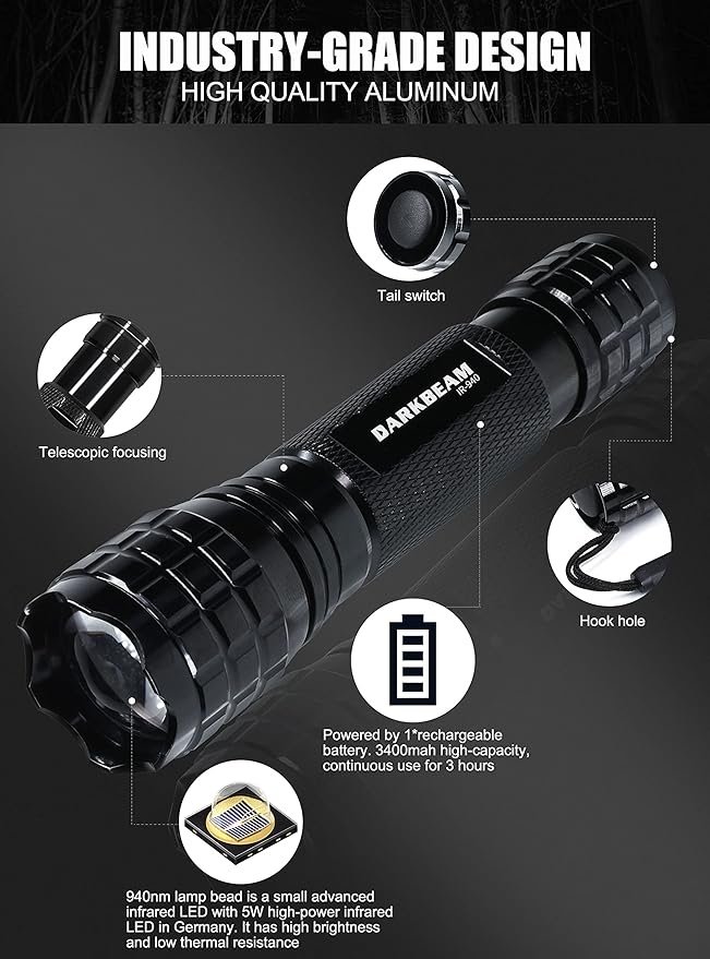 DARKBEAM ir Flashlight Infrared 940nm Lights LED Mini for Night Vision, Rechargeable Portable Tactical ir Illuminator Torch, Focus Adjustable for Hunting, Observation, Search