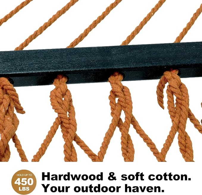 GAFETE 12ft Family Hammocks, Handwoven Traditional Cotton Rope Hammock with Hardwood Spreader Bar, Chains and Hooks for Indoor Outdoor, Max 450 lbs Capacity (Coffee Brown, Large)