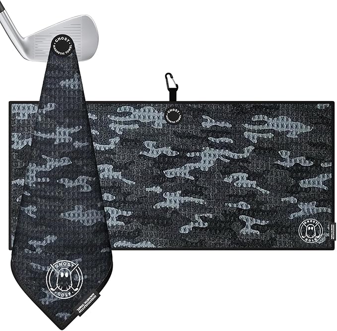 Ghost Golf Magnetic Towel (Caddie) - Premium Ultra-Absorbent Microfiber Golf Towel with Magnet for Golf Carts or Clubs - 18" x 40" Golfing Gear - Waffle Weave Pattern (Black Camo)