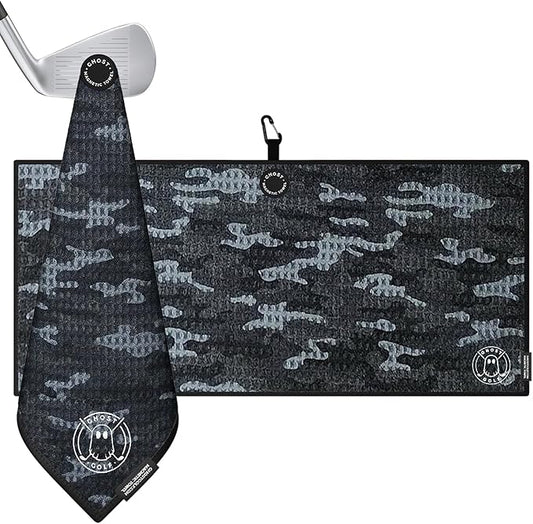 Ghost Golf Magnetic Towel (Caddie) - Premium Ultra-Absorbent Microfiber Golf Towel with Magnet for Golf Carts or Clubs - 18" x 40" Golfing Gear - Waffle Weave Pattern (Black Camo)