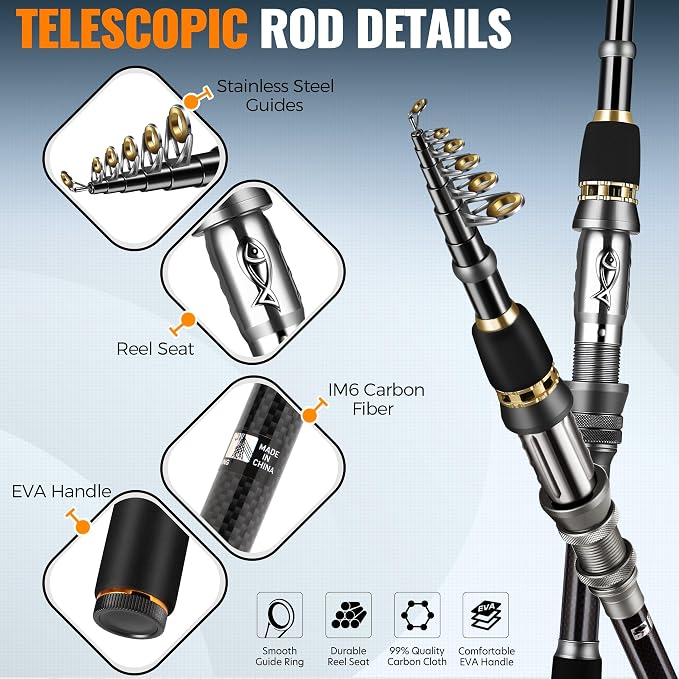PLUSINNO Fishing Rod and Reel Combo Pole Gear Kit Telescopic Beginner | Portable All-in-One Fishing Equipment, with Freshwater Bass Trout Lures Kit Floating Net, with Carrying Case, Gifts for Men