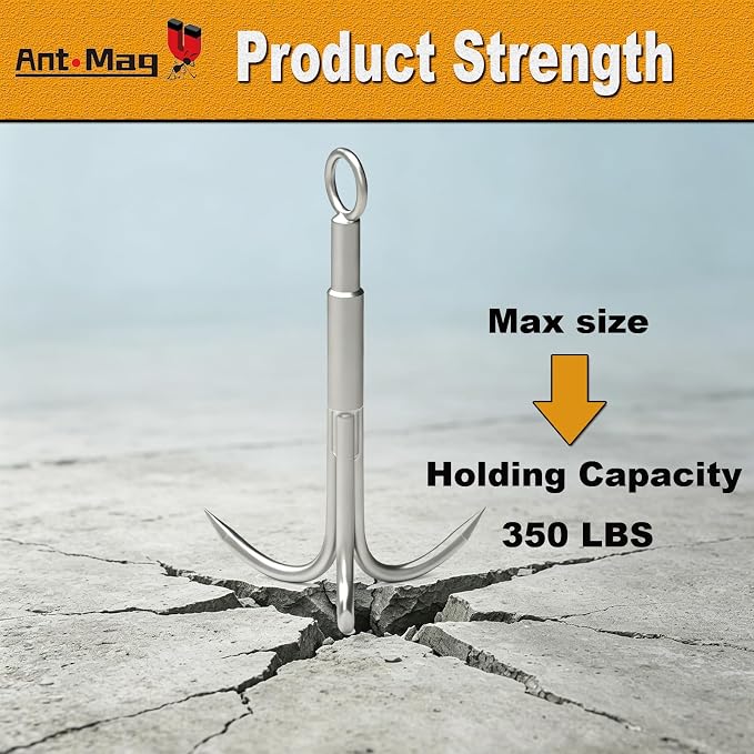 Ant Mag Grappling Hook with Claw Tips - Heavy Duty Stainless Steel Carabiner for Camping, Hiking, Tree Climbing, Water Retrieval & Salvage Operations