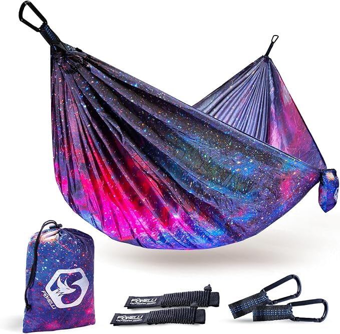 Foxelli Camping Hammock – Ultralight Hammock for Backpacking, Hiking, Festivals, Travel - Easy Setup with Tree-Friendly Ropes & Steel Carabiners, Heavy Duty Parachute Nylon