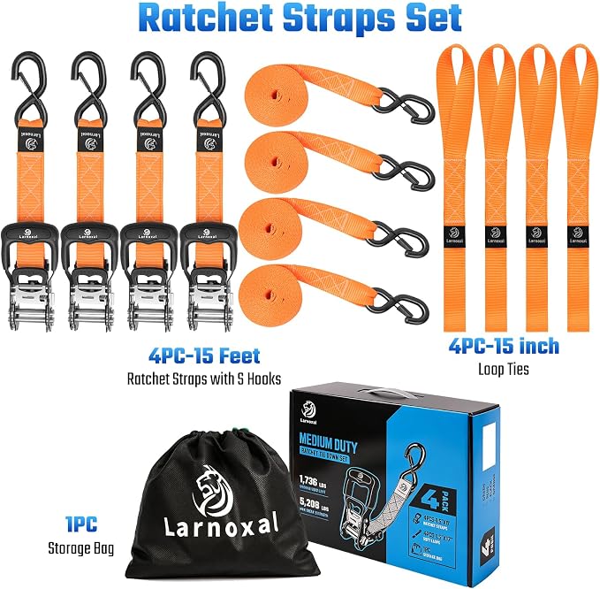Ratchet Straps, 1.5 inch x 15 ft(4 Pack) Heavy Duty Tie Down Straps, Ratchet Tie Down Straps with Soft Loops-5,208 lbs (Orange)