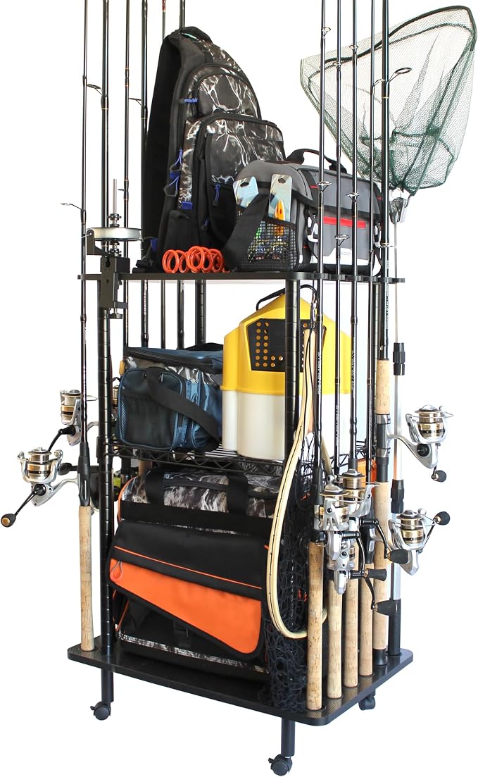 Rush Creek Creations 12 Fishing Rod Tackle Cart - 5 Minute Assembly, Black (40-0001)