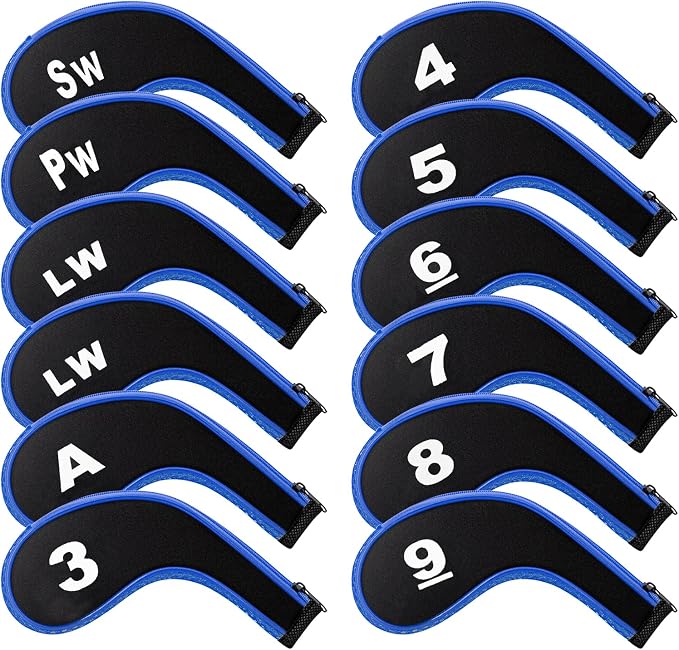 Golf Club 12pcs Thick Synthetic Zipper Long Neck Set Headcover Fit The Most Brands, Side Number Golf Iron Club Head Cover LW SW PW Covers #3,4,5,6,7,8,9