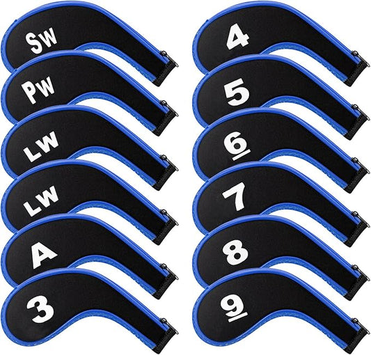 Golf Club 12pcs Thick Synthetic Zipper Long Neck Set Headcover Fit The Most Brands, Side Number Golf Iron Club Head Cover LW SW PW Covers #3,4,5,6,7,8,9