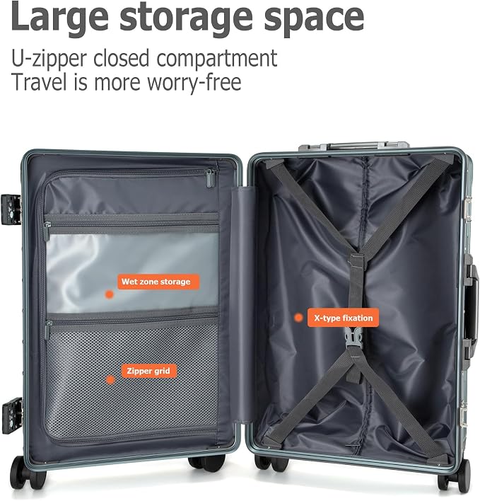 feilario Aluminium Frame PC Hard Shell Spinner Wheels Luggage,22.5"X15"X9.5" Airline Approved Built-In TSA lock Carry on Suitcase, with Cup Holder, USB Port, Phone Holder