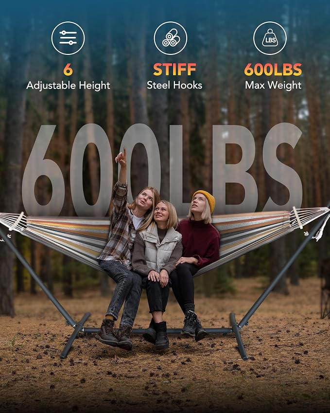 Everyfun Double Hammock with Space-Saving Steel Stand, 2 Person Heavy-Duty Hammock for Garden, Yard or Outdoor, 600lbs Capacity, Coffee