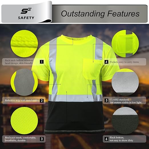 Hi Vis T Shirt Class 3 High Visibility Shirts for Men Safety Shirts with Reflective Strips and Pocket Breathable Construction Work Mesh Short Sleeve