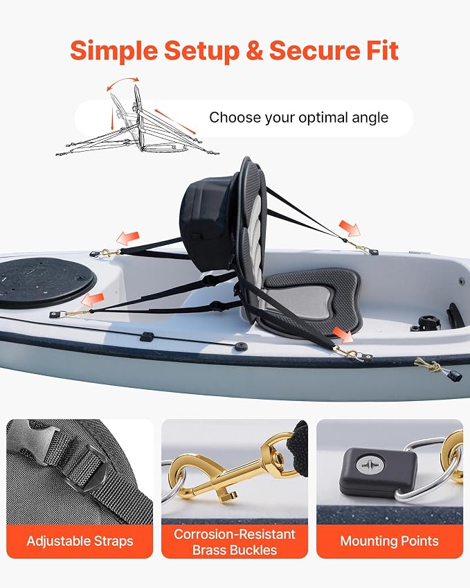 VEVOR Kayak Seat, Universal Paddle Board Seat with Adjustable Back Support, Multiple Thickness Options (0.5” to 2.6”), Soft Padded Cushion & Storage Bag for SUP, Canoe, Fishing Boat, Inflatable Kayak