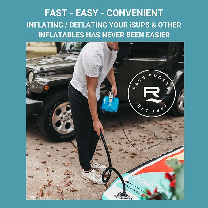 RAVE Sports Dual Stage Rapid High Pressure 20 PSI Electric Air Pump for Inflatable Stand Up Paddle Boards, Boats, Kayaks, and Mats, 12V DC Car Output Connector